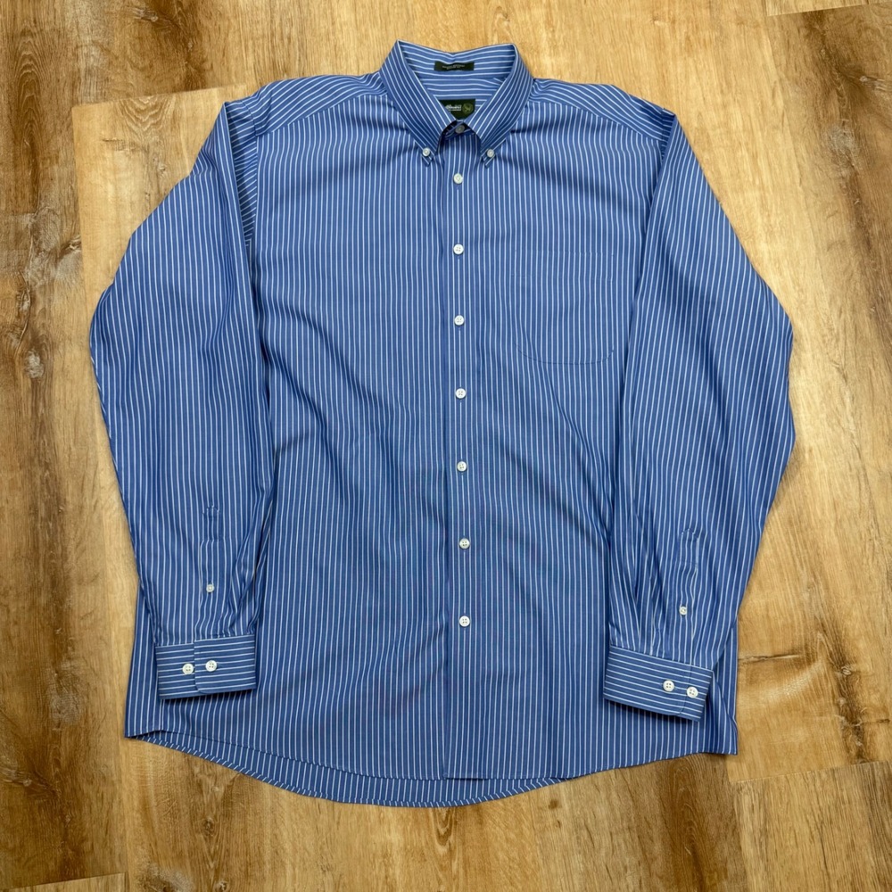 Eddie Bauer Mens XL Tall Blue White Striped Wrinkle Resistant Relaxed Fit Shirt - Picture 2 of 5